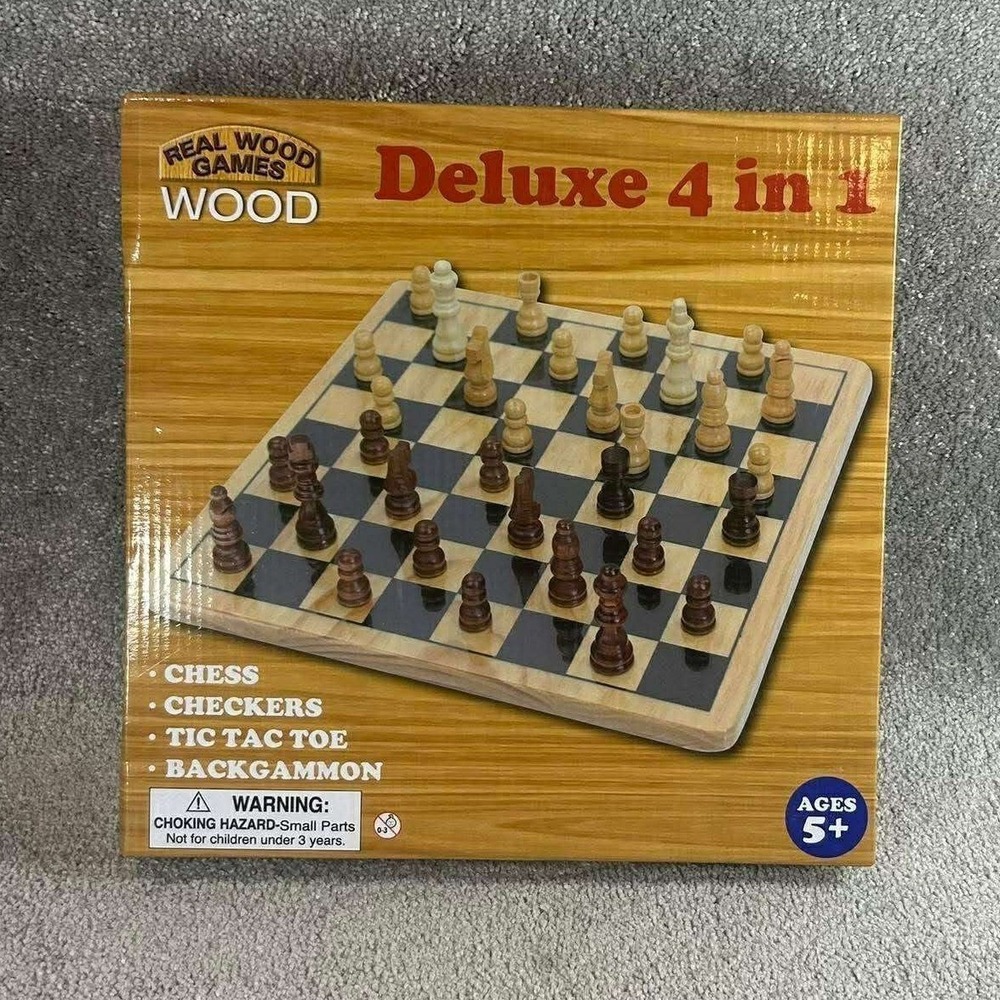 Real Wood Games Deluxe 4 in 1 Chess Checkers Tic Tac Toe Backgammon Set